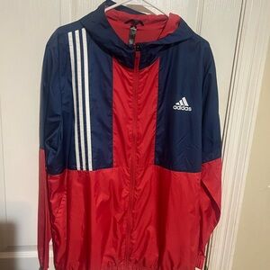 Adidas Men's Large Red and Navy Full-Zip Windbreaker Jacket.